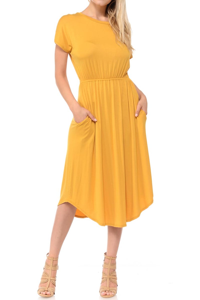 iconic luxe Women's Short Sleeve Flare Midi Dress with Pockets X-Large Mustard - Image 2