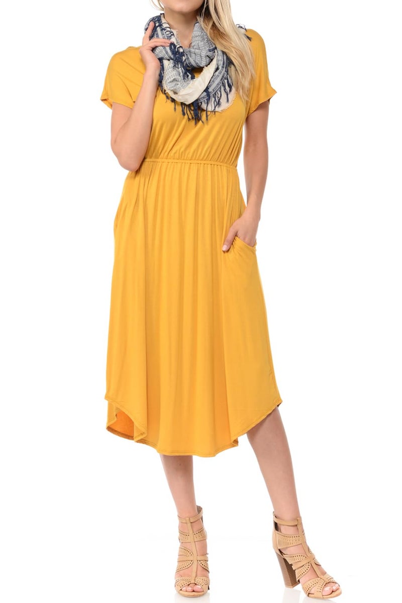 iconic luxe Women's Short Sleeve Flare Midi Dress with Pockets X-Large Mustard - Image 5