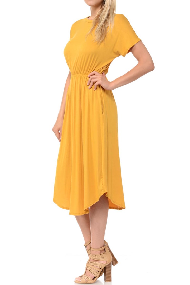 iconic luxe Women's Short Sleeve Flare Midi Dress with Pockets X-Large Mustard - Image 3