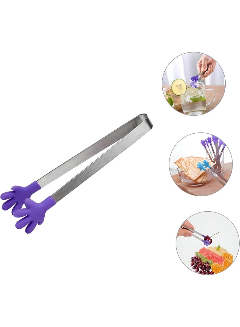 ملقط مطبخ صغير من الفولاذ المقاوم للصدأ، 13 سم - ملقط تقديم صغير برأس سيليكون للسكر والثلج والحلوى والفواكه ومقبلات البوفيه - تصميم يد ملون - لون عشوائي - Image 1