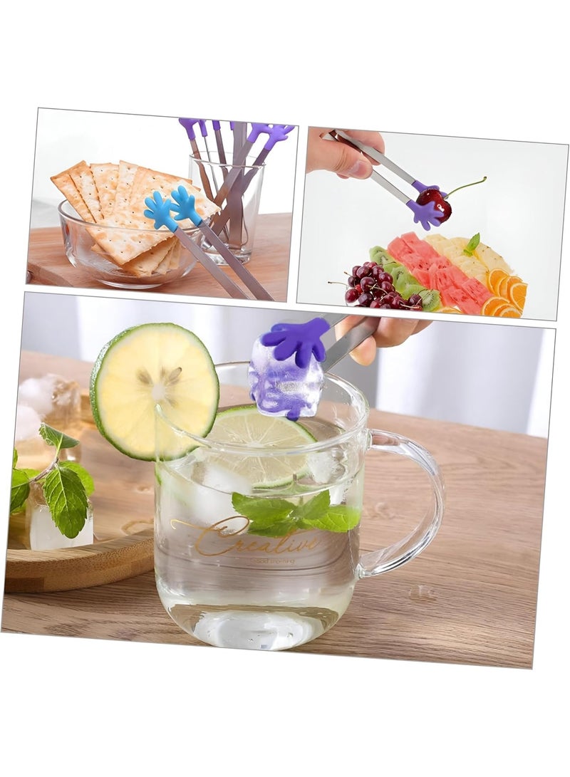 ملقط مطبخ صغير من الفولاذ المقاوم للصدأ، 13 سم - ملقط تقديم صغير برأس سيليكون للسكر والثلج والحلوى والفواكه ومقبلات البوفيه - تصميم يد ملون - لون عشوائي - Image 5