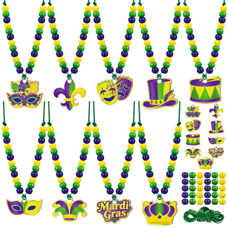Eternity sky 36 Pcs Mardi Gras Beads Necklace Kit - DIY Purple Green Gold Wooden Craft Pendant Set for Carnival Party Favors - 9 Styles - Image 1
