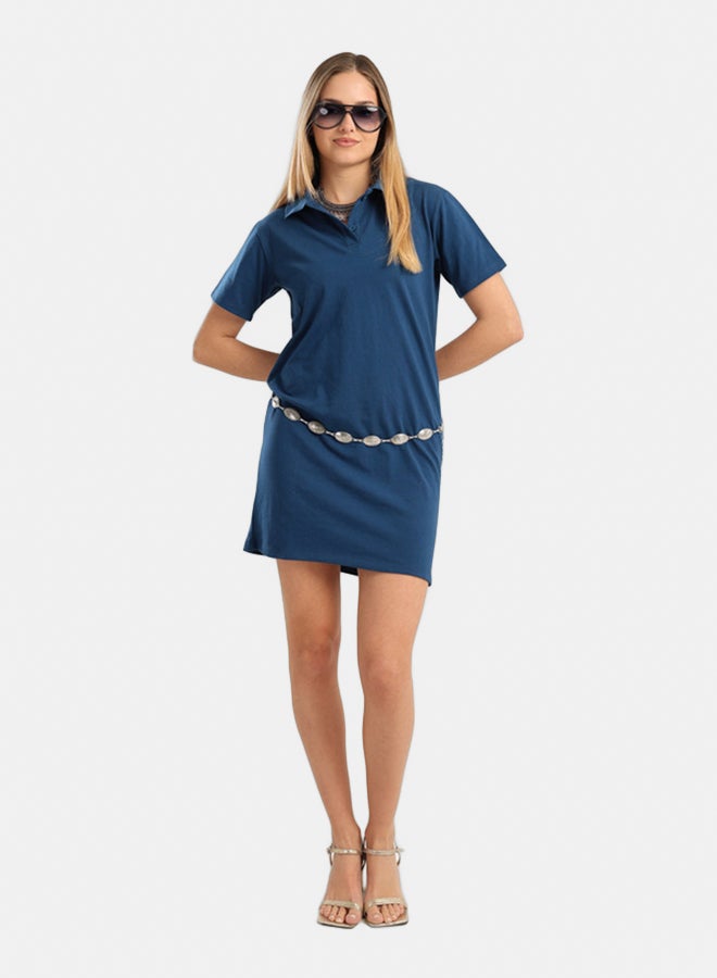 Carina Women's Regular-Fit Cotton-Blend Collared Short Dress - Petrol Blue - Image 1