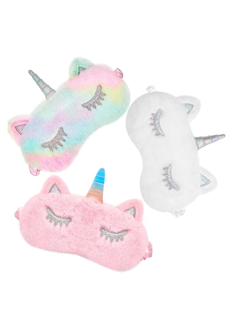 FengSVMA 3 Pieces Plush Sleeping Eye Cover Bunny Eye Blindfold Cat Sleep Eye Cover Unicorn Sleeping Eye Shade Soft Funny for Kids Girls and Adult Travel (Unicorn Style) - Image 1