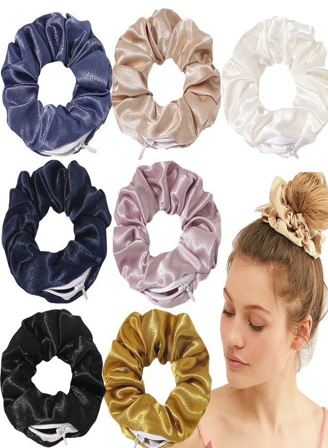 DINPREY 7 Piece Satin Scrunchies with Velvet Hidden Pocket and Zipper for Hair Ties, Metallic Colorful Bands for Girls and Women, and Chapstick Storage Wallet (Crystal Silk) - Image 1