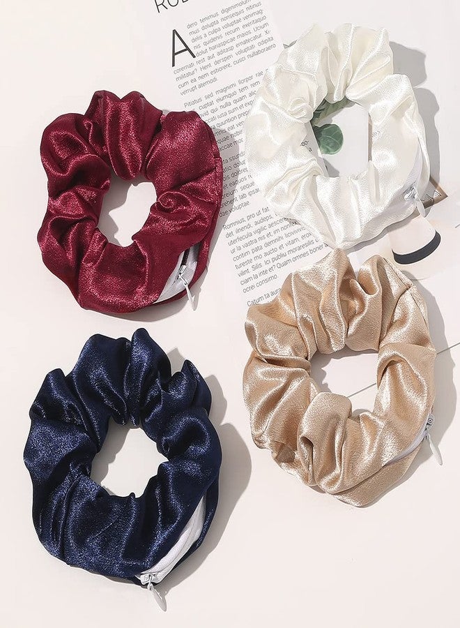DINPREY 7 Piece Satin Scrunchies with Velvet Hidden Pocket and Zipper for Hair Ties, Metallic Colorful Bands for Girls and Women, and Chapstick Storage Wallet (Crystal Silk) - Image 2