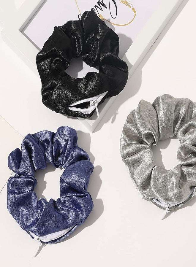 DINPREY 7 Piece Satin Scrunchies with Velvet Hidden Pocket and Zipper for Hair Ties, Metallic Colorful Bands for Girls and Women, and Chapstick Storage Wallet (Crystal Silk) - Image 3