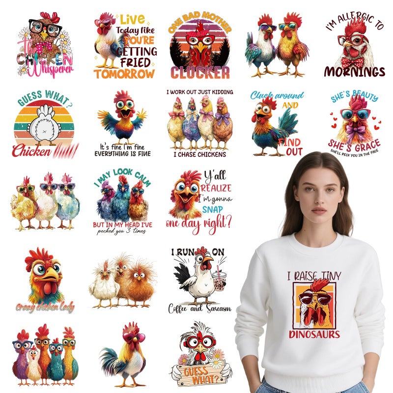 Shejdgart Dtf Transfers Ready to Press 20 Pcs Funny Chicken Iron on Patches for TShirts Farmhouse Humorous Sarcastic Heat Transfer Vinyl Stickers Iron on Decals for DIY Clothes Bag Fabric Dcor