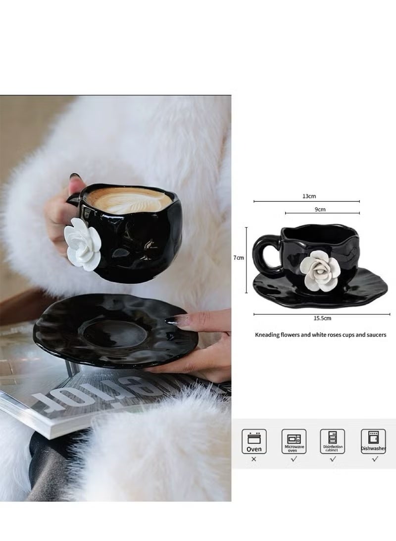 والالا كوب قهوة مصنوع يدويًا من بتلات الورد الأبيض، كوب شاي بعد الظهر سيراميكي سعة 300 مل، تصميم ثلاثي الأبعاد، كوب شاي مع طقم صحن، قاعدة أكواب كاميليا للمكتب والمنزل، كوب ديزي إبداعي مع صحن لشاي لاتيه وحليب، أسود - Image 4