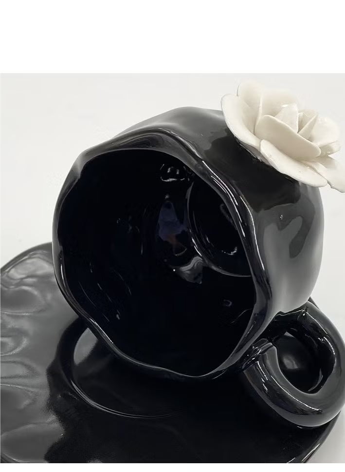 والالا كوب قهوة مصنوع يدويًا من بتلات الورد الأبيض، كوب شاي بعد الظهر سيراميكي سعة 300 مل، تصميم ثلاثي الأبعاد، كوب شاي مع طقم صحن، قاعدة أكواب كاميليا للمكتب والمنزل، كوب ديزي إبداعي مع صحن لشاي لاتيه وحليب، أسود - Image 5