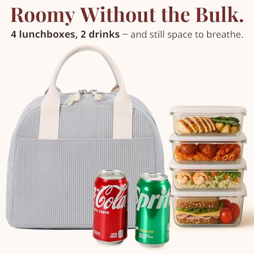 LOVELYWIND Insulated Lunch Bag for Women Men Stylish Corduroy Tote Bag with Aluminum Lining Large Capacity Reusable Cooler for Work Travel or Beach Cloud Gray Lunch Box - Image 3