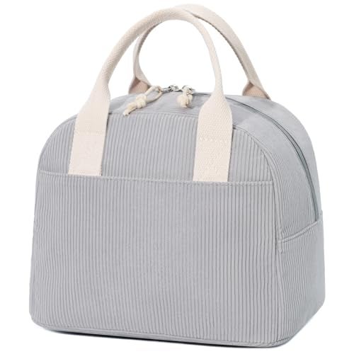 LOVELYWIND Insulated Lunch Bag for Women Men Stylish Corduroy Tote Bag with Aluminum Lining Large Capacity Reusable Cooler for Work Travel or Beach Cloud Gray Lunch Box - Image 1