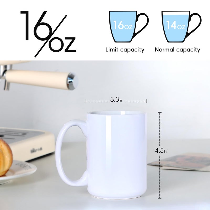 Smilatte 16 OZ Porcelain Coffee Mug, Classic Blank Ceramic Cup with Large Handle for Tea Latte Cappuccino, White - Image 2