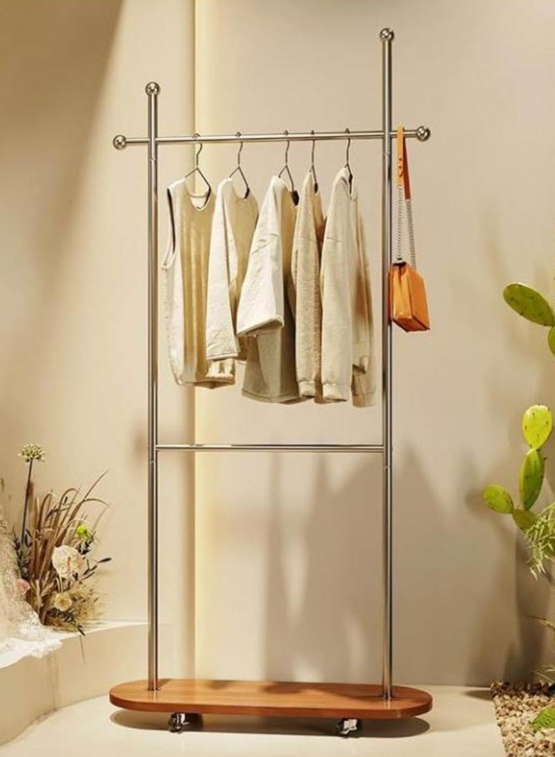 AIWANTO Minimalist 2 Tier Metal Coat Rack with Wooden Base & Wheels – 4 Ball Hooks Rolling Garment Stand for Home, Office & Entryway - Image 1