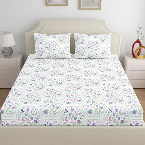 Dreamscape 100% Cotton King Bedsheet with 2 Pillow Covers - (Size 108 x 108 inches, 140 TC, Colour - Purple: Orchid Bloom) - Image 2