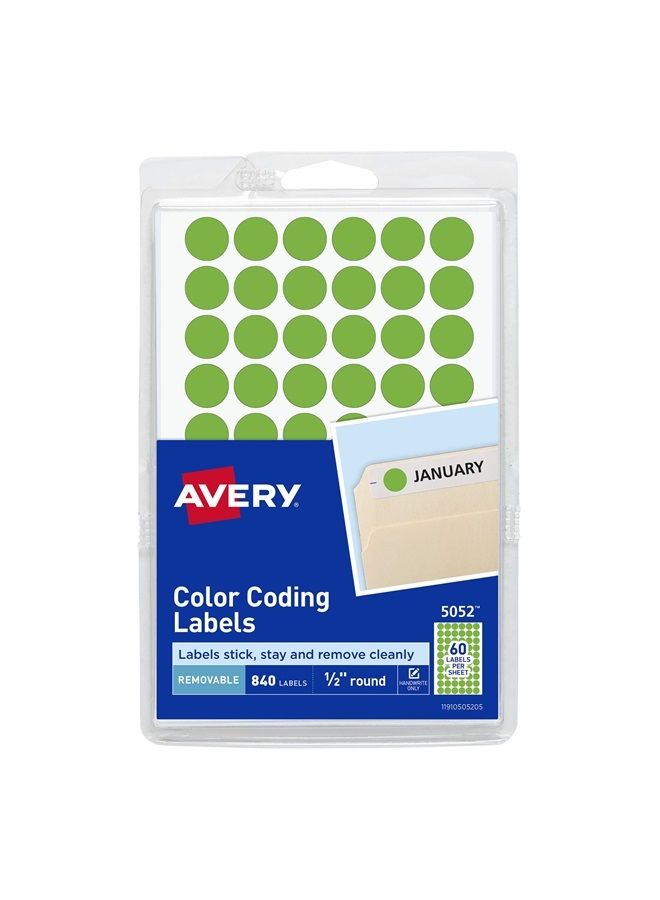 AVERY ملصقات دائرية قابلة للإزالة باللون الأخضر النيون من أفيري 1/2 بوصة، عبوة من 840 ملصق دائري (5052) صغيرة - Image 1