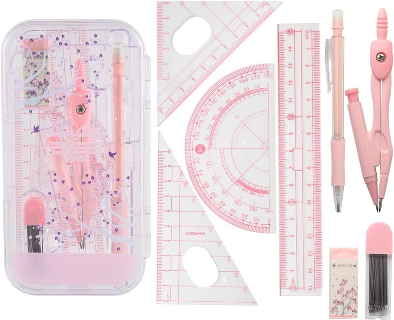SWIUKPHE 8 Pcs Math Geometry Set, Compass & Protractor Kit with Rulers & Squares, Complete School Drawing Tools for Class Supplies & Students - Image 1