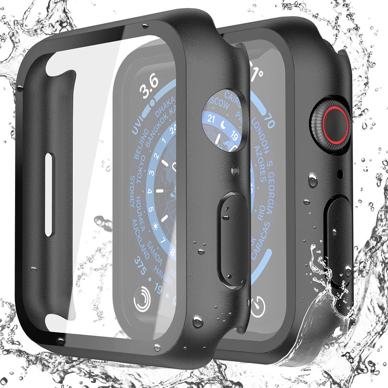 Misxi [2 Pack] Waterproof Black Hard Case with Tempered Glass Compatible with Apple Watch Series 9 (2023) Series 8 Series 7 45mm, Ultra-Thin Tough Protective Cover for iWatch Screen Protector - Image 1