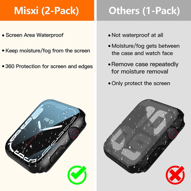 Misxi [2 Pack] Waterproof Black Hard Case with Tempered Glass Compatible with Apple Watch Series 9 (2023) Series 8 Series 7 45mm, Ultra-Thin Tough Protective Cover for iWatch Screen Protector - Image 2