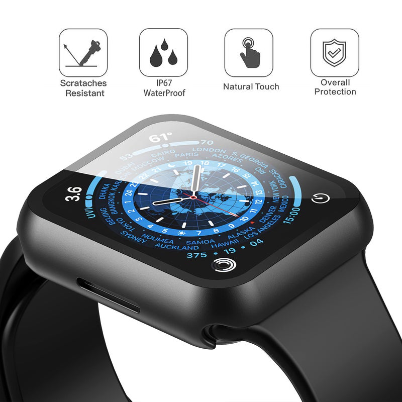 Misxi [2 Pack] Waterproof Black Hard Case with Tempered Glass Compatible with Apple Watch Series 9 (2023) Series 8 Series 7 45mm, Ultra-Thin Tough Protective Cover for iWatch Screen Protector - Image 3