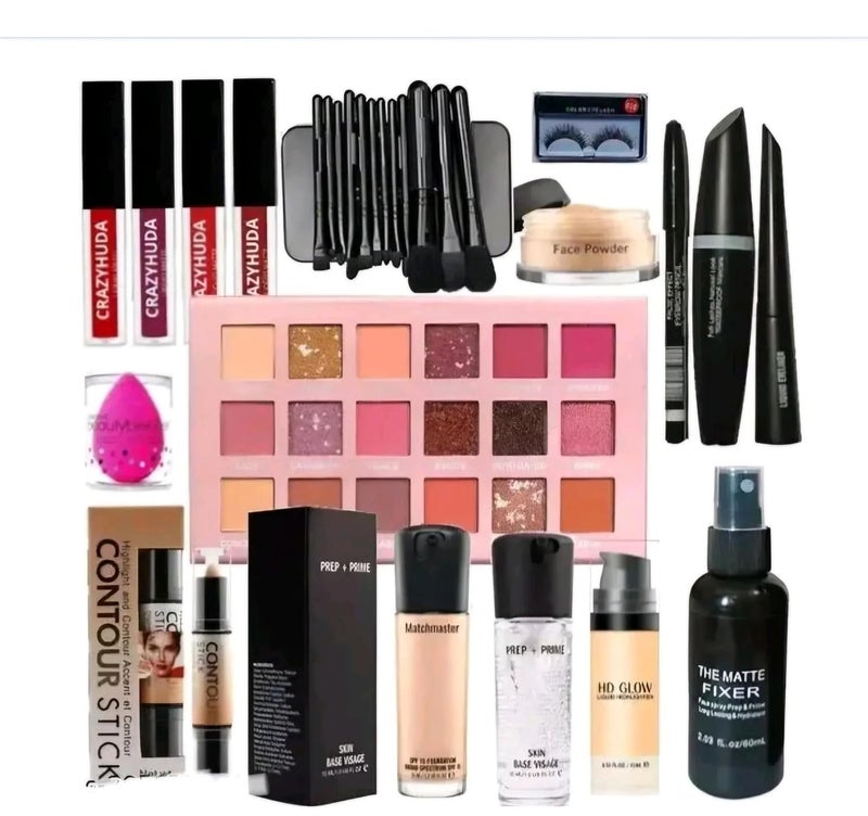 Generic Professional Makeup Kit with Eyeshadow Palette Liquid Lipsticks 10Pcs Brushes Set Face Powder Mascara Setting Spray EyelinerEyelashesPrimer Blender Puff  - Image 1