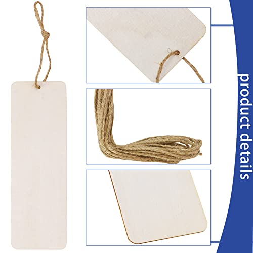 FSWCCK 50 Pcs 6 x 2 Inch Large Size Blank Wooden Gift Tags Labels Unfinished Wooden Book Markers Ornaments with Holes and Ropes for DIY Crafts, Wedding Birthday Party Decors - Image 3