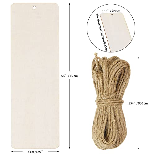 FSWCCK 50 Pcs 6 x 2 Inch Large Size Blank Wooden Gift Tags Labels Unfinished Wooden Book Markers Ornaments with Holes and Ropes for DIY Crafts, Wedding Birthday Party Decors - Image 2