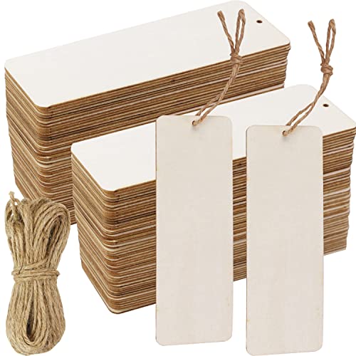 FSWCCK 50 Pcs 6 x 2 Inch Large Size Blank Wooden Gift Tags Labels Unfinished Wooden Book Markers Ornaments with Holes and Ropes for DIY Crafts, Wedding Birthday Party Decors - Image 1