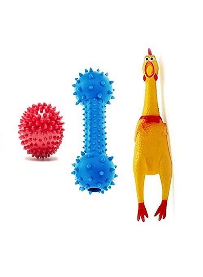 Dog Pet Rubber Chew Toys For Dogs And Puppies - Ring Toy, Silicon Dumbbell, Squeaky Chicken Toy (Pack Of 3) - Multicolor - Image 1