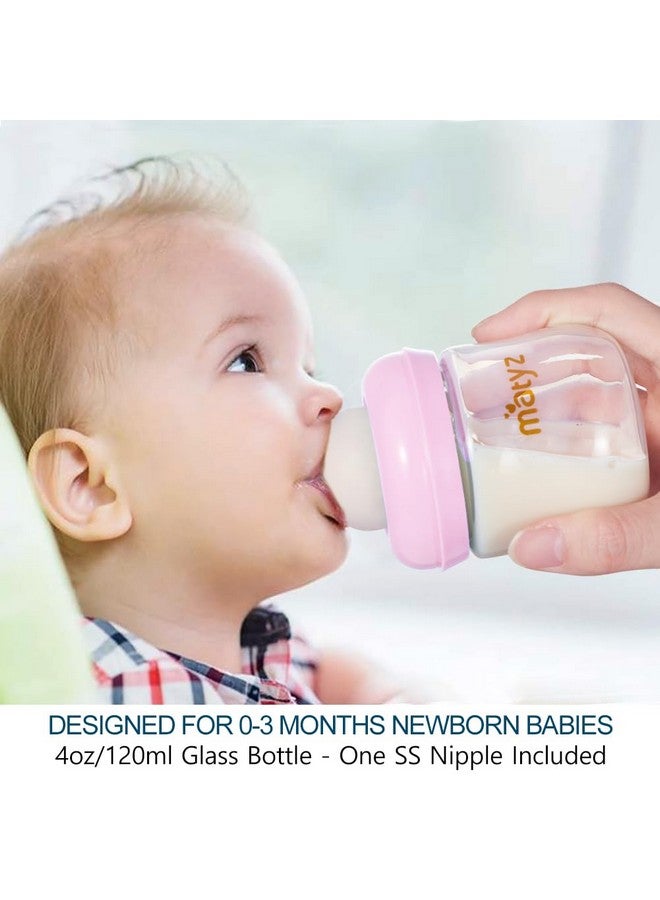 Matyz 2-Pack Glass Baby Breastfeeding Bottles with Caps (Pink, 4Oz) - Wide Neck New Born Bottles for Baby Breastfeeding - Breastfeeding Bottles for 0-3 Months Babies - Glass Baby Bottles with Nipples - Image 2