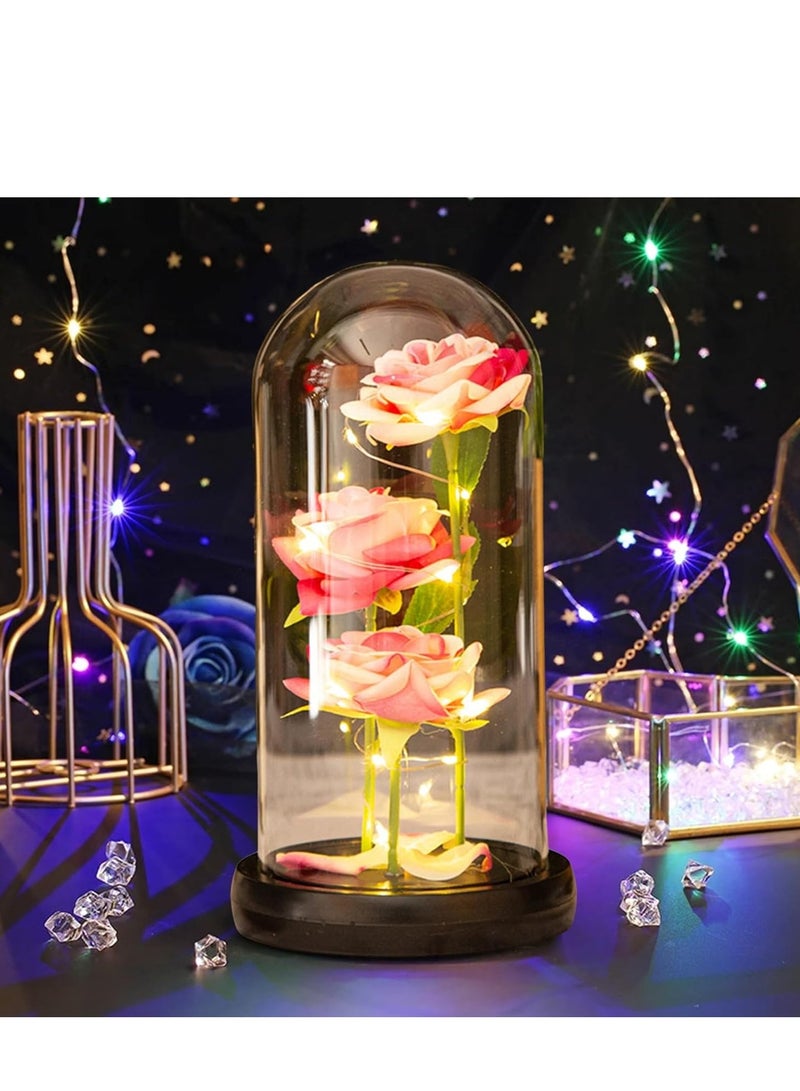 Preserved Rose Enchanted Rose Red Silk Rose in Glass Dome with LED Lights Pine Base, Romantic Home Decor Gifts for Mom Women Valentines Day Christmas Mothers Day Wedding Anniversary Birthday  - Image 3