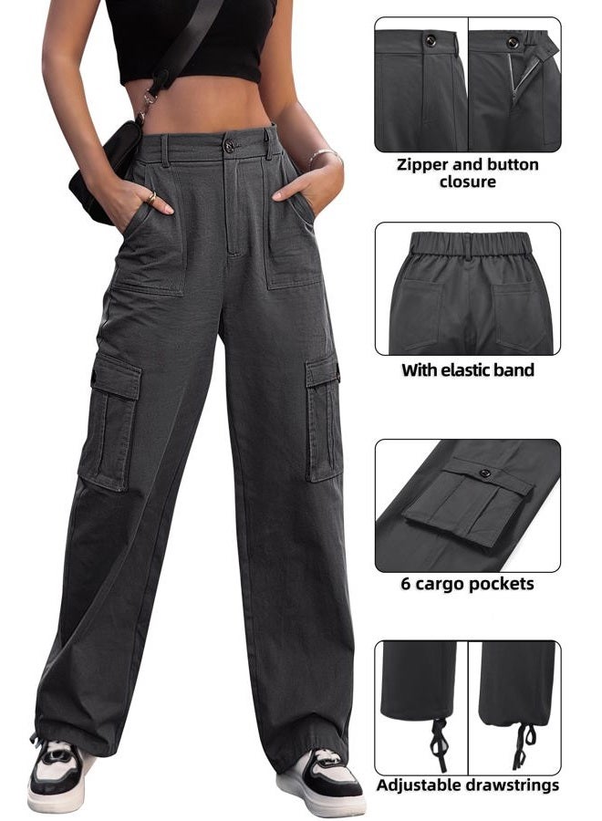 ZMPSIISA Women High Waisted Cargo Pants Wide Leg Casual Pants 6 Pockets Combat Military Trousers, Grey, M - Image 4