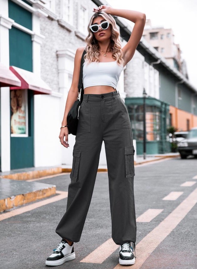 ZMPSIISA Women High Waisted Cargo Pants Wide Leg Casual Pants 6 Pockets Combat Military Trousers, Grey, M - Image 2