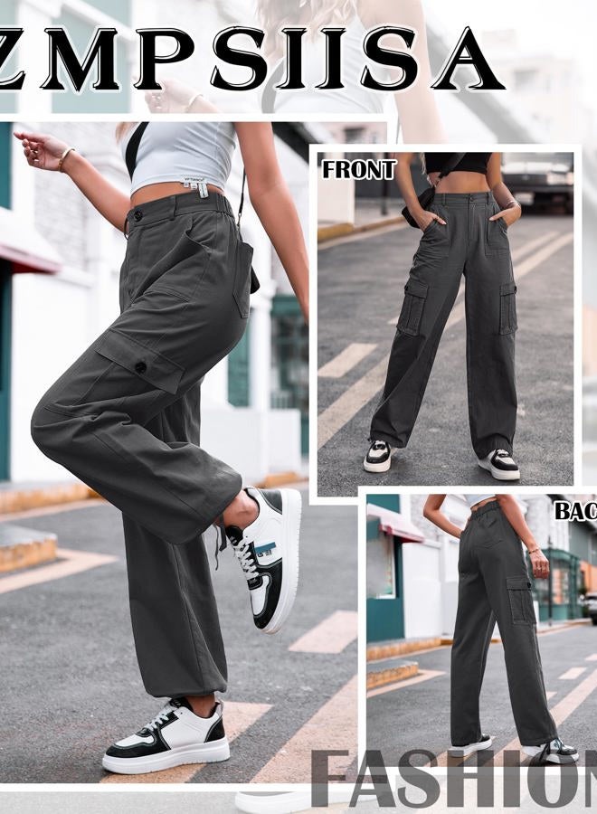 ZMPSIISA Women High Waisted Cargo Pants Wide Leg Casual Pants 6 Pockets Combat Military Trousers, Grey, M - Image 3