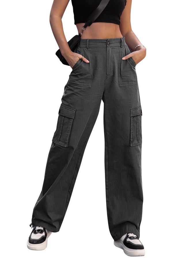 ZMPSIISA Women High Waisted Cargo Pants Wide Leg Casual Pants 6 Pockets Combat Military Trousers, Grey, M - Image 1
