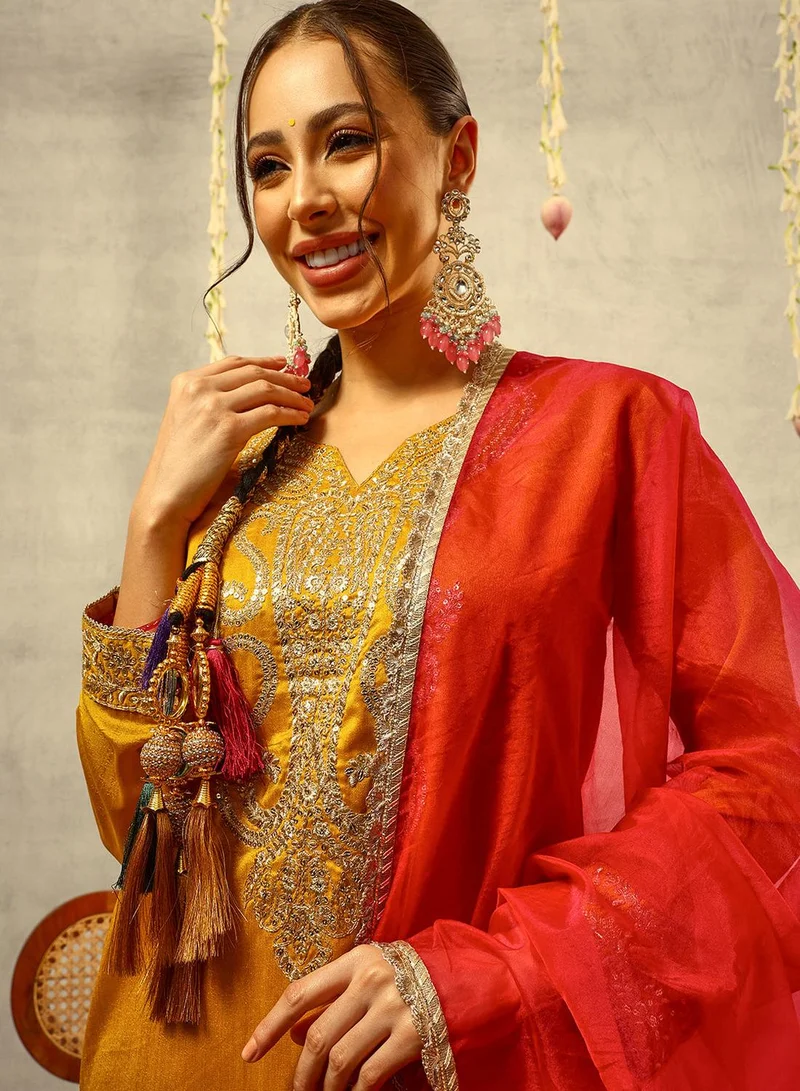 ISHIN Mustard Cording & Zari Embroidered Festive Kurta with Trouser & full width Organza Dupatta