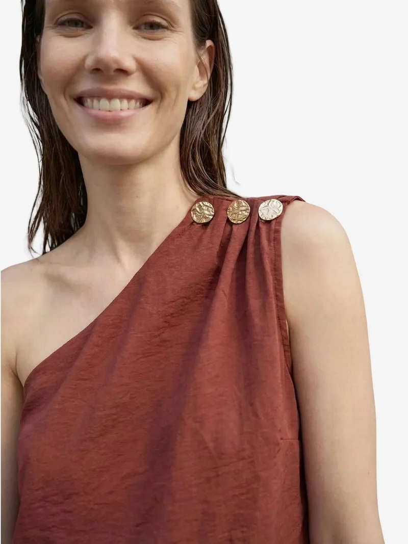 My Fashion Brick Red MY FASHION Asymmetrical Collar Sleeveless Chiffon Top for Women | Best Price UAE