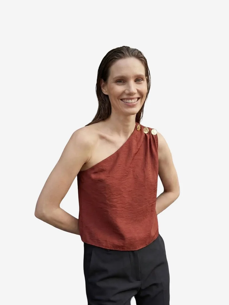 ماي فاشن MY FASHION Asymmetrical Collar Sleeveless Chiffon Top