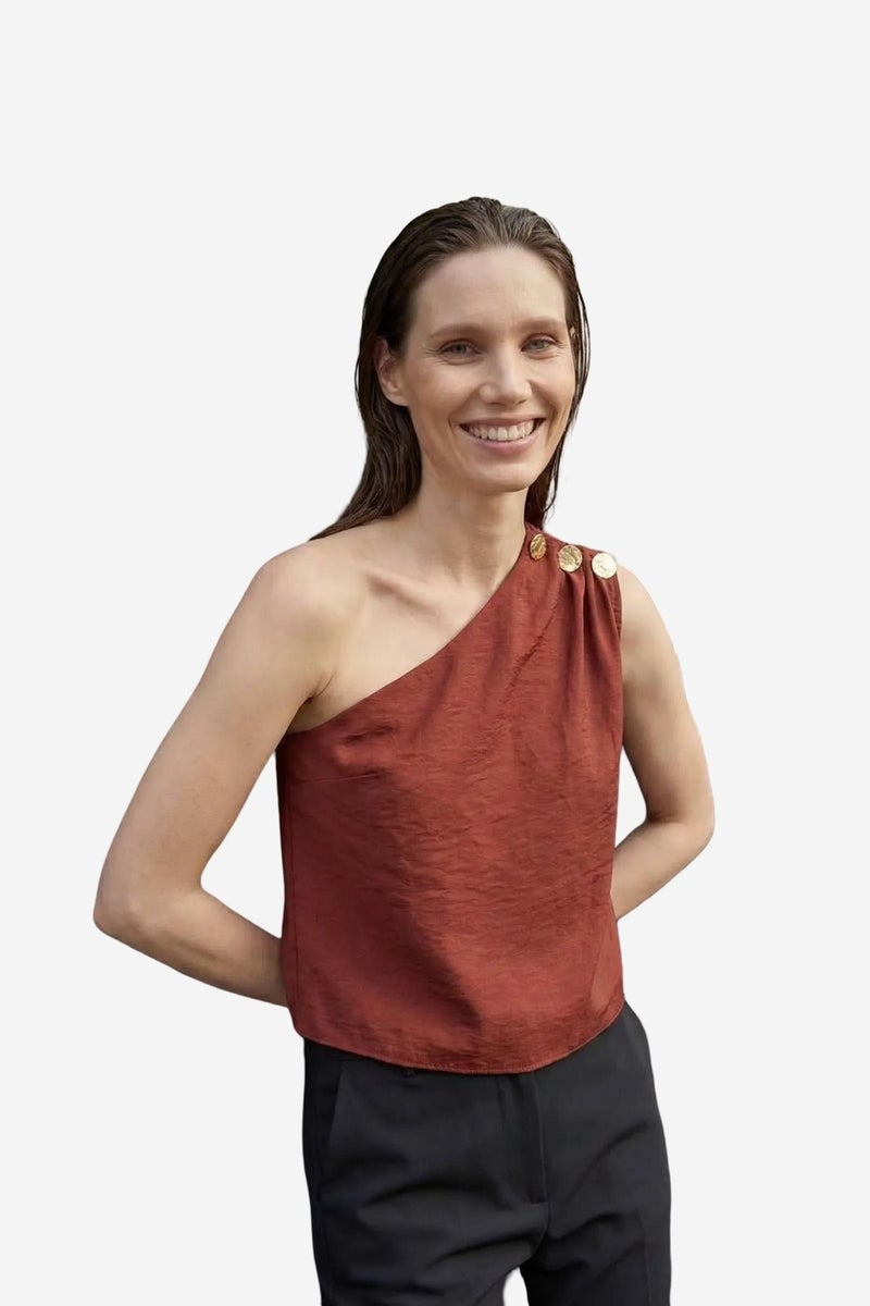 MY FASHION Asymmetrical Collar Sleeveless Chiffon Top - Image 1