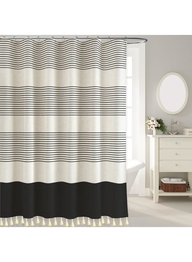 WOUVMA Boho Shower Curtains for Bathroom with Tassels Black Farmhouse Striped Shower Curtain Beige Rustic Linen 72x72 Inches - Image 3