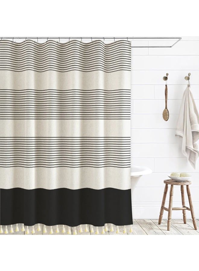 WOUVMA Boho Shower Curtains for Bathroom with Tassels Black Farmhouse Striped Shower Curtain Beige Rustic Linen 72x72 Inches - Image 1