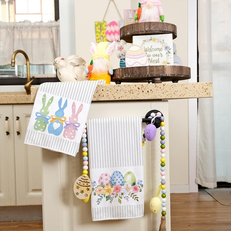 ARKENY Easter Kitchen Towels Set of 2,Beige Pink Bunny Floral Eggs Dish Towels 18x26 Inch Drying Dishcloth,Farmhouse Home Seasonal Spring Decorations AD217 - Image 4