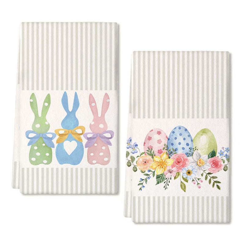 ARKENY Easter Kitchen Towels Set of 2,Beige Pink Bunny Floral Eggs Dish Towels 18x26 Inch Drying Dishcloth,Farmhouse Home Seasonal Spring Decorations AD217 - Image 1