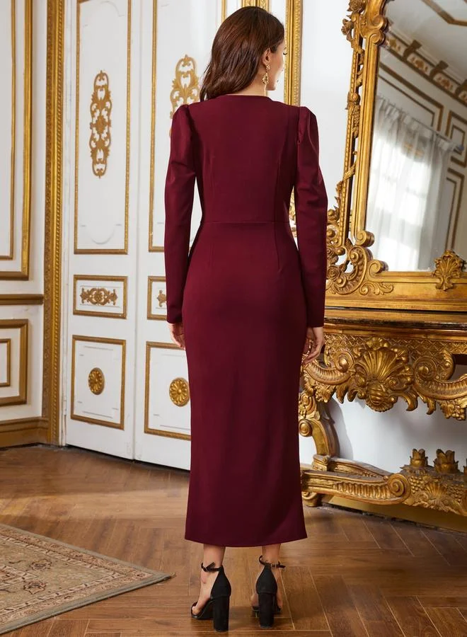 Take Two Burgundy Embroidered Faux Wrap Sheath Midi Dress