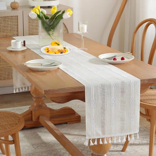 REDMART Farmhouse Table Runner 72 inches Macrame Woven Coffee Table Runner Cotton Rustic Fall ThanksgivingTable Runner with Tassels for Boho Home Decor Dining Living Room 12x72 inches - Image 1