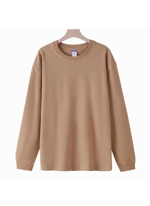 260g Xinjiang Cotton Loose Crewneck Long-Sleeve Tee for Men dark khaki