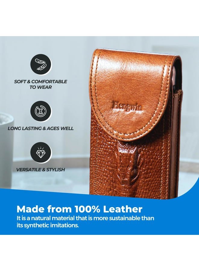 Hengwin Leather Cell Phone Holster Fits for iPhone 17 Pro Max 16 Plus 15 Pro Max 14 Plus 13 Pro Max 12 Pro Max Samsung Galaxy S25 Edge S25 Ultra S24 Ultra Pouch Case with Belt Clip Belt Holder (Brown) - Image 2