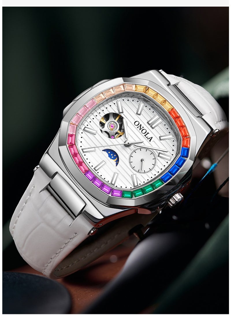 أونولا ساعة ميكانيكية مقاومة للماء بسوار جلدي من الألماس بألوان قوس قزح وشمس وقمر ونجمة وصباح - Image 2