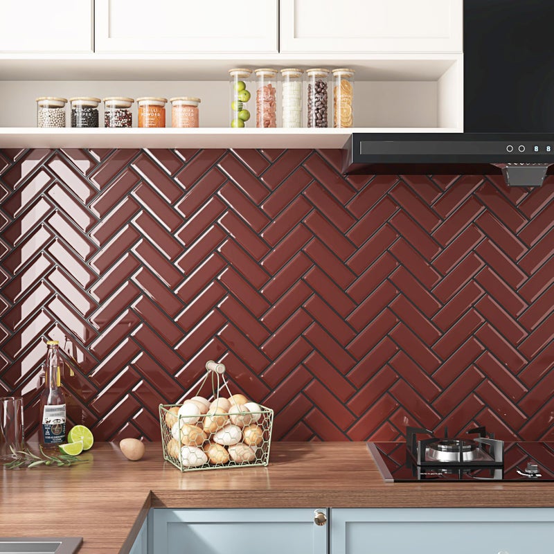Wallderful Red Herringbone Peel and Stick Backsplash for Kitchen Wall Waterproof Stick on Tile Vintage 3D Wall Tiles Renter Friendly Backsplash Self Adhesive Back Splash for Bathroom Shower Walls - Image 2