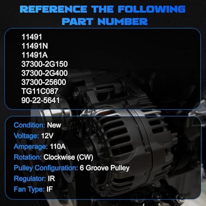 YOMALL Alternator 11491 for 2010-2013 Sonata 2.4L for 2010-2013 Tucson 2.0L / 2.4L for 2010-2013 Forte 2.0L for 2011-2013 Optima/Sportage 2.4L Alternator 110A 6PK 11491N 37300-2G150 TG11C087 - Image 3